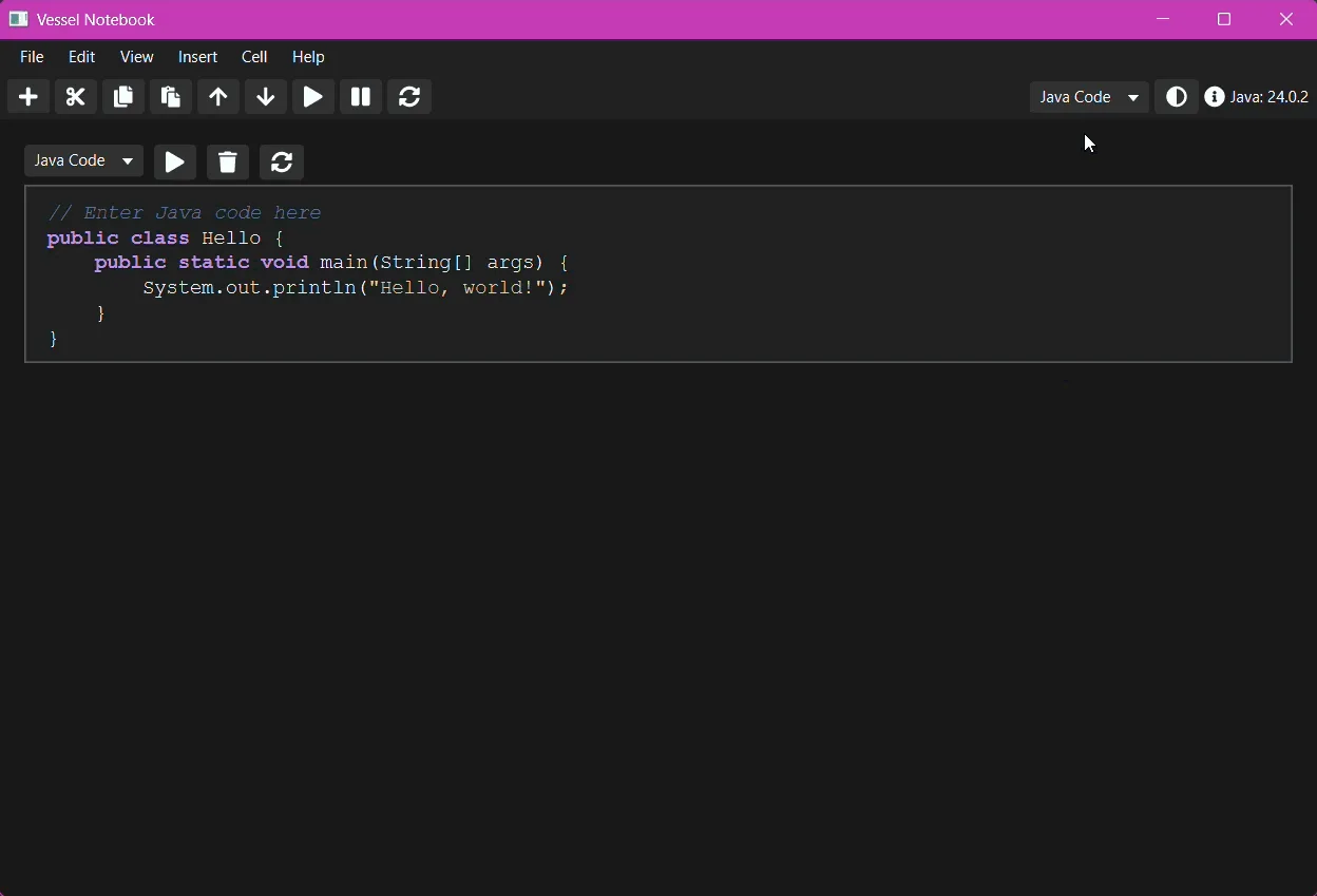 Vessel notebook window with a Java cell ready to run
